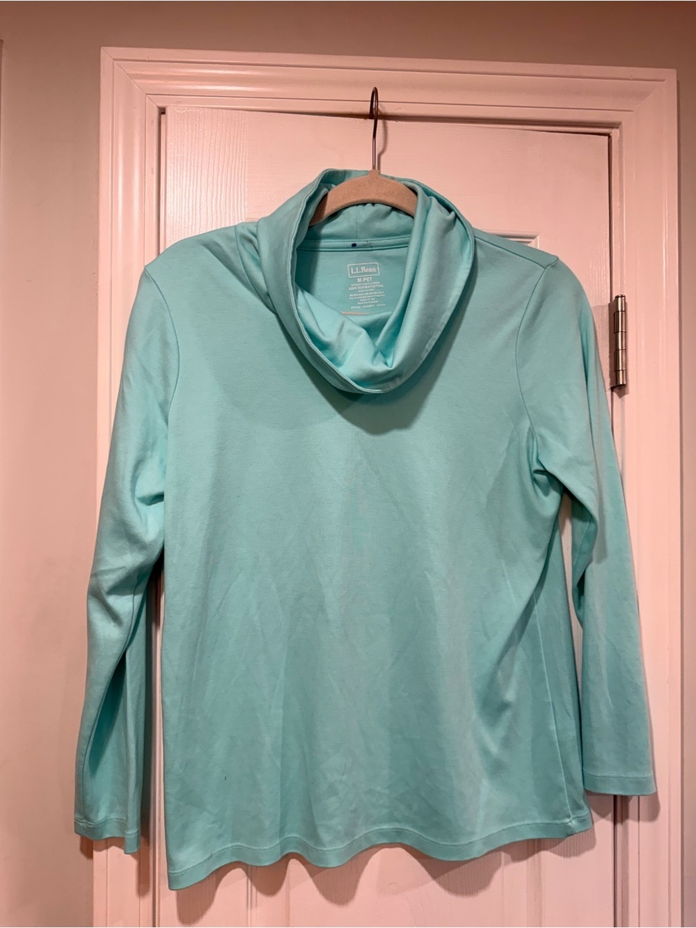 L.L. Bean Size MP Aqua Blue Supima Cotton Funnel Neck Long Sleeve Top Cowl